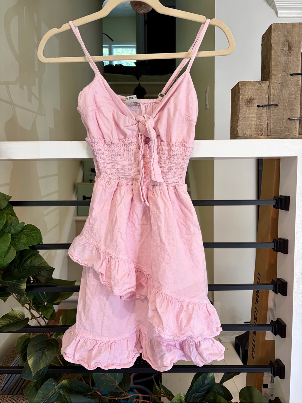 BLANCO Pink Cotton Smocked Ruffle Tie Front Mini Dress Y2K Small